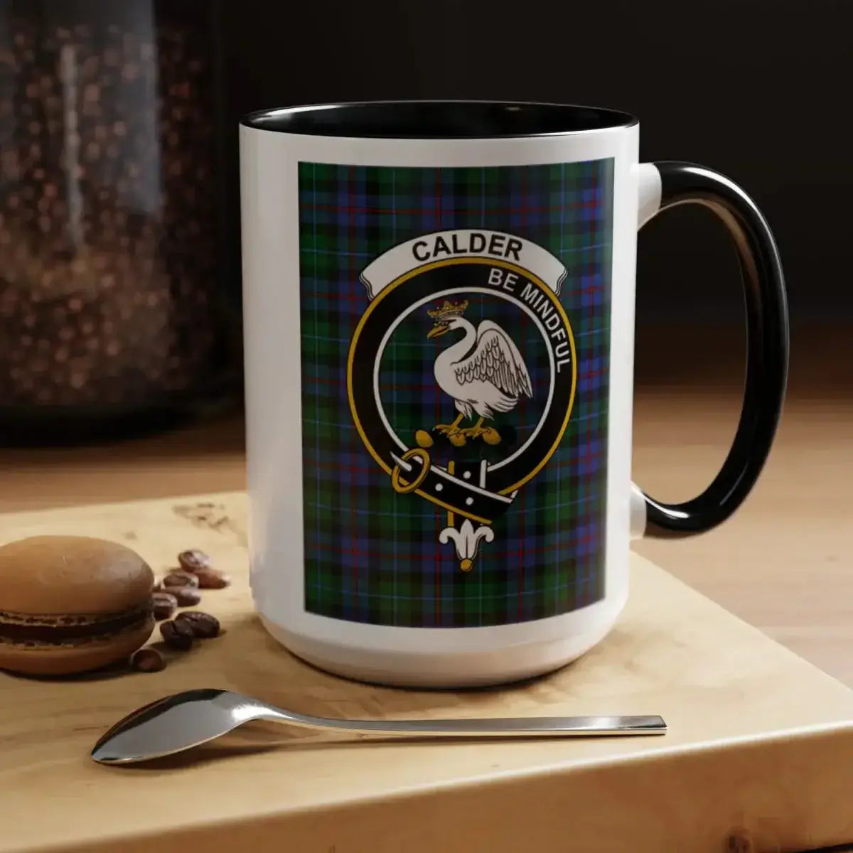 Calder clan crest tartan accent mug — navy handle, 15 oz