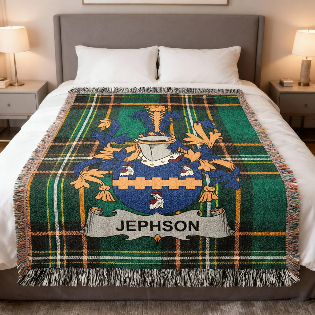 Green plaid blanket featuring the "JEPHSON" coat of arms with a shield and crest.