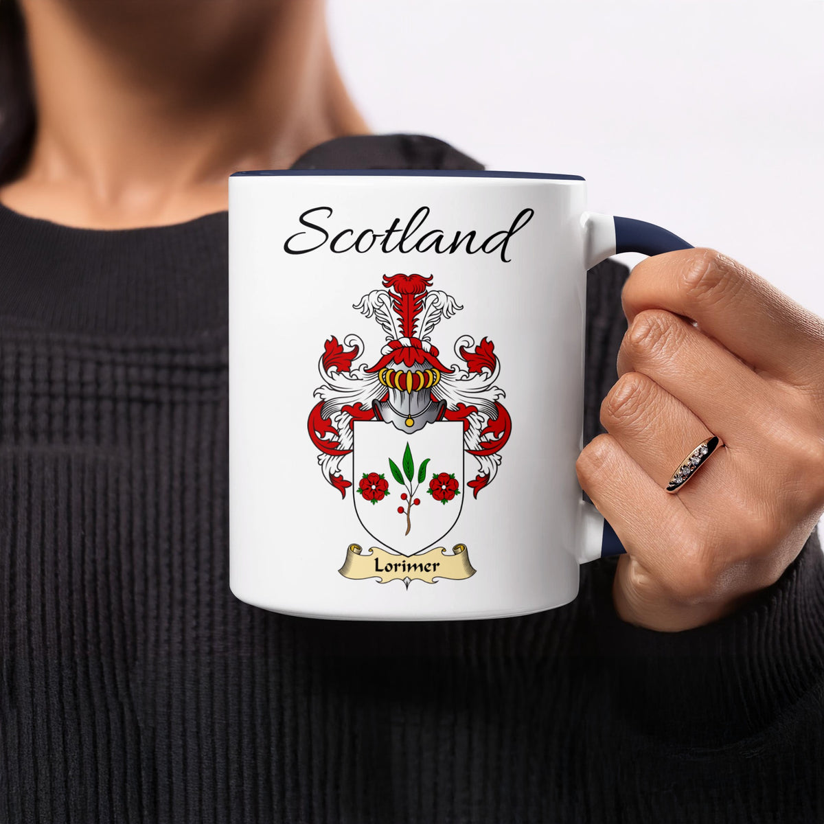 Lorimer 11 oz Scottish family crest ceramic mug showing a Scotland-topped heraldic emblem