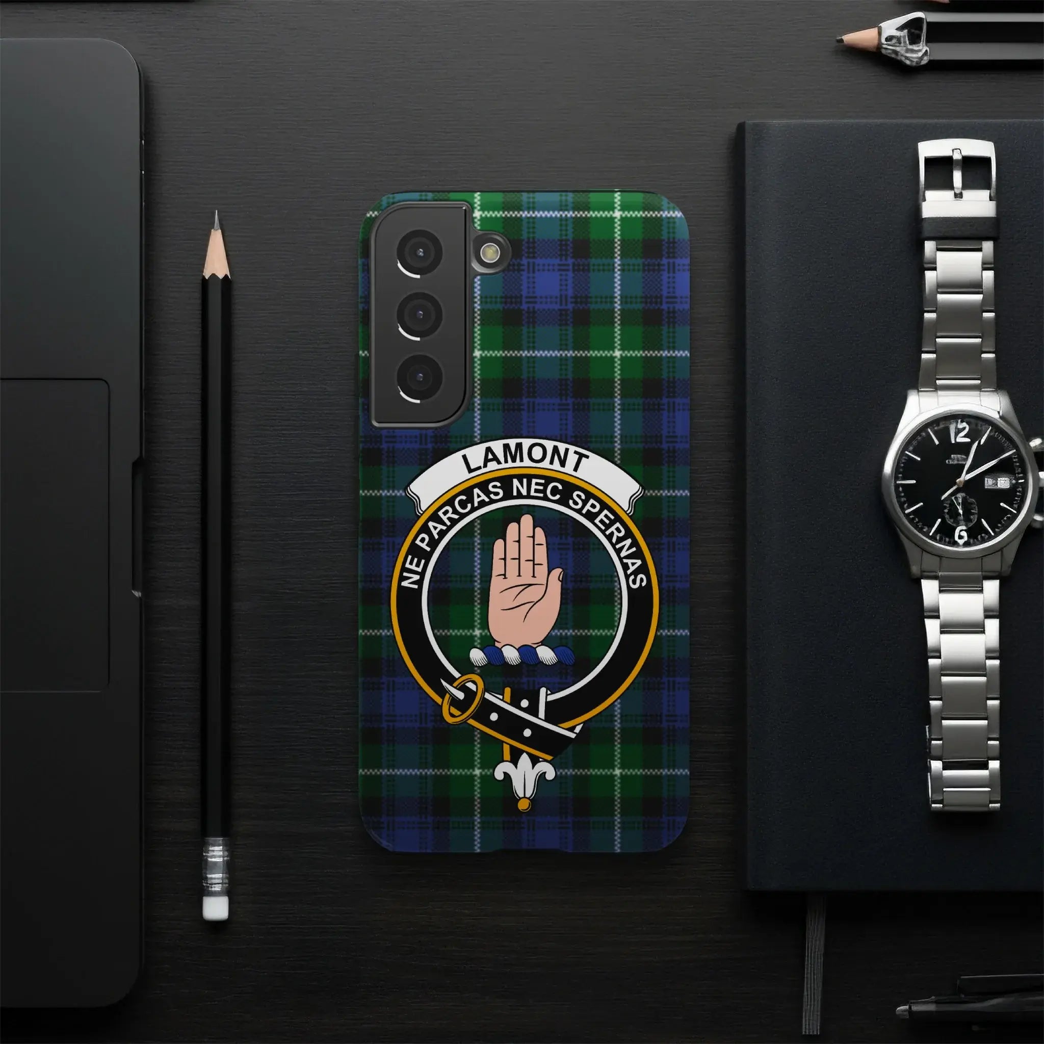 Lamont tartan crest phone case with clan motto — slim profile, precise port cutouts