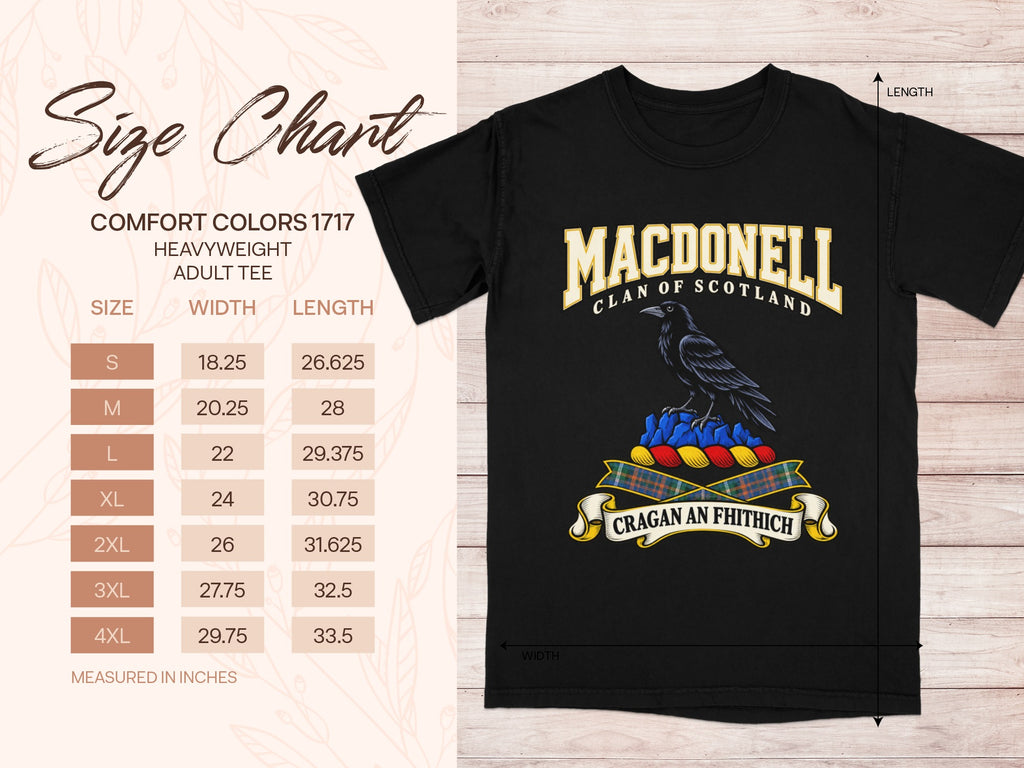 Comfort Colors 1717 size chart in inches with a black MacDonell clan crest T-shirt preview