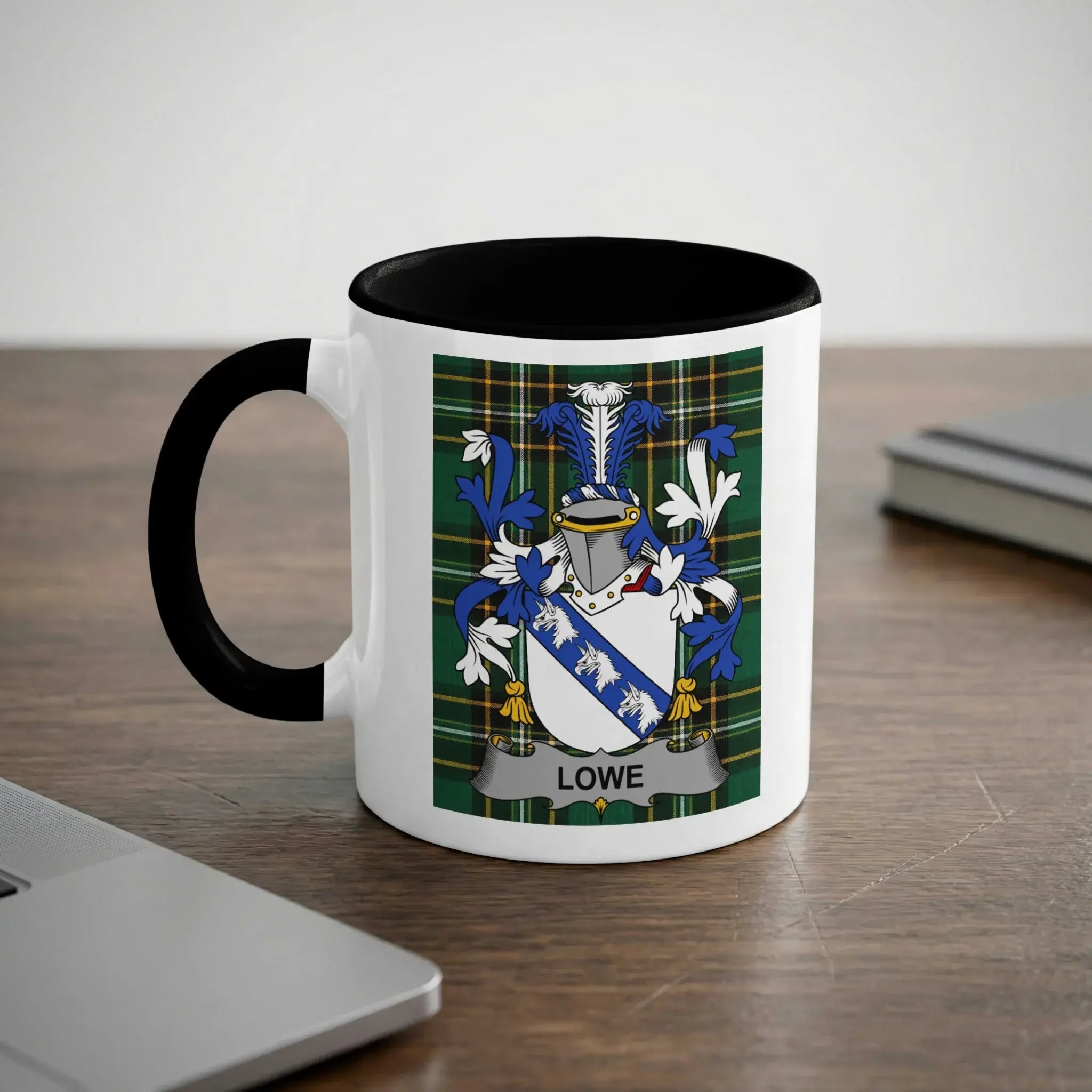 Lowe Irish heritage mug with black handle and family crest