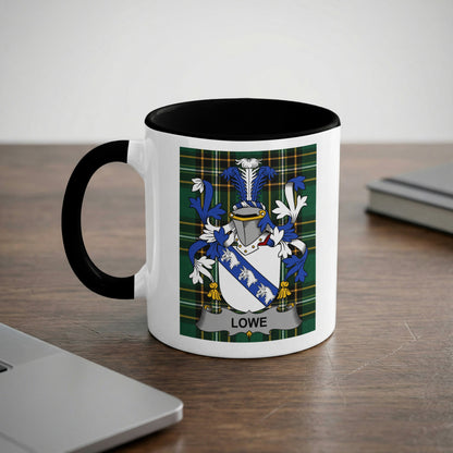 White mug with black handle displaying the Lowe family crest.