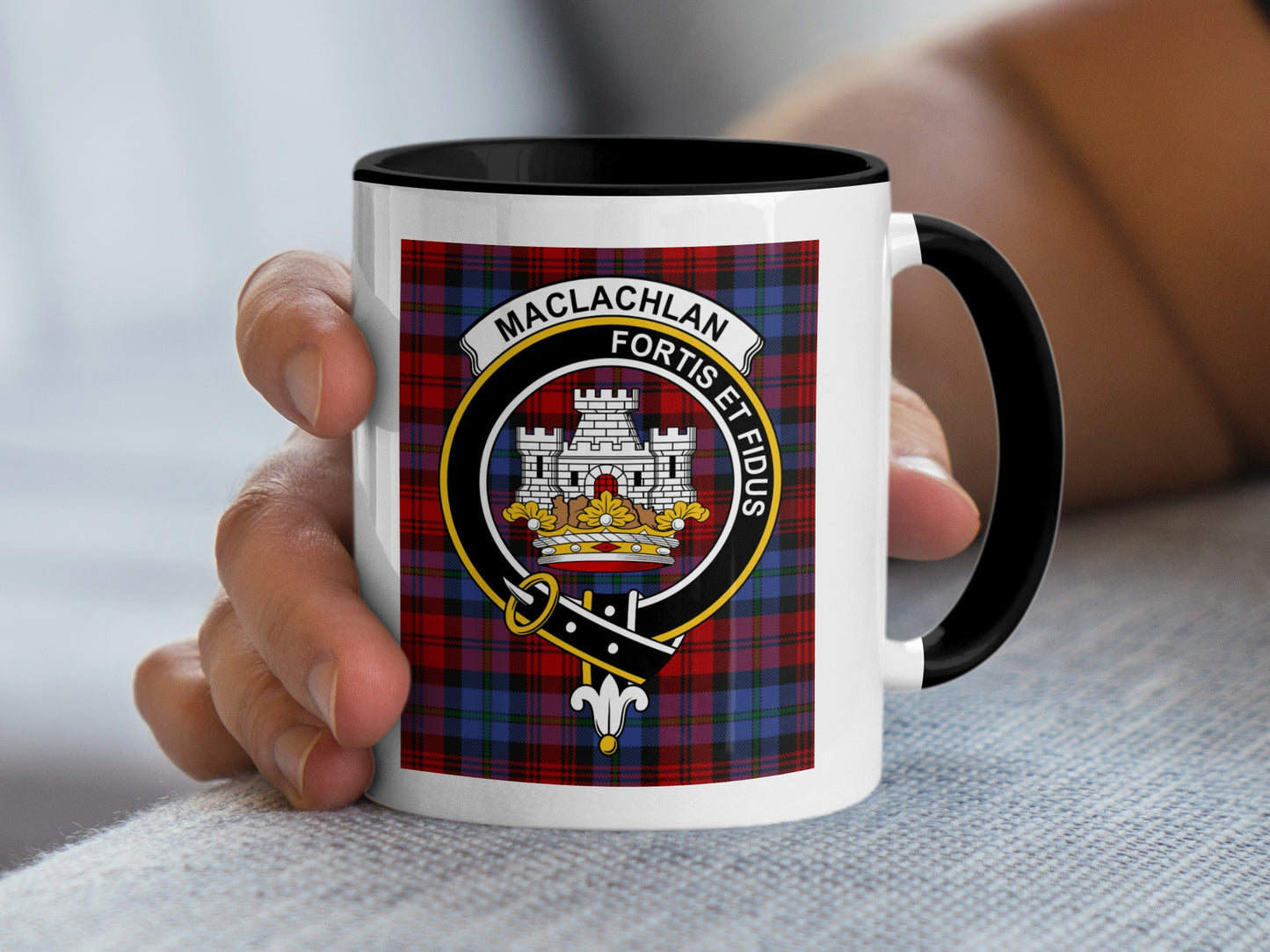 Mug with MacLachlan clan crest and tartan pattern.