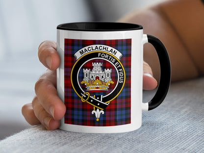 Mug with MacLachlan clan crest and tartan pattern.