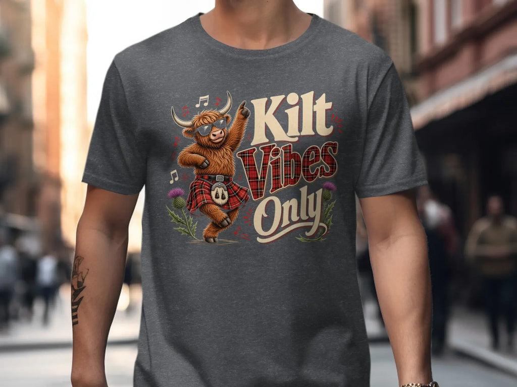 Highland cow wearing sunglasses and a kilt, with "Kilt Vibes Only" text.