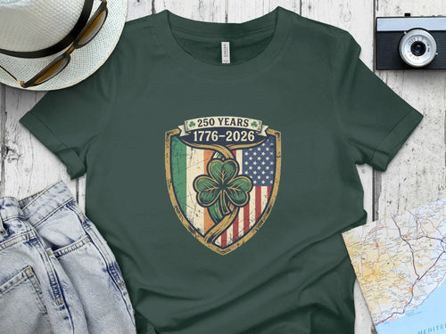 Green t-shirt with a shield logo celebrating 250 years, 1776-2026.