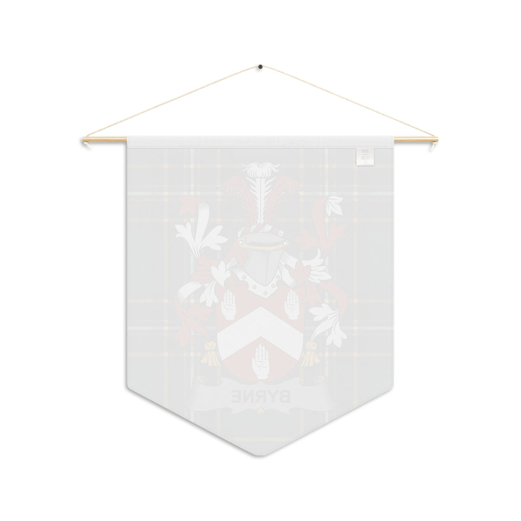 Pennant with Byrne family crest and plaid pattern, hanging by string.