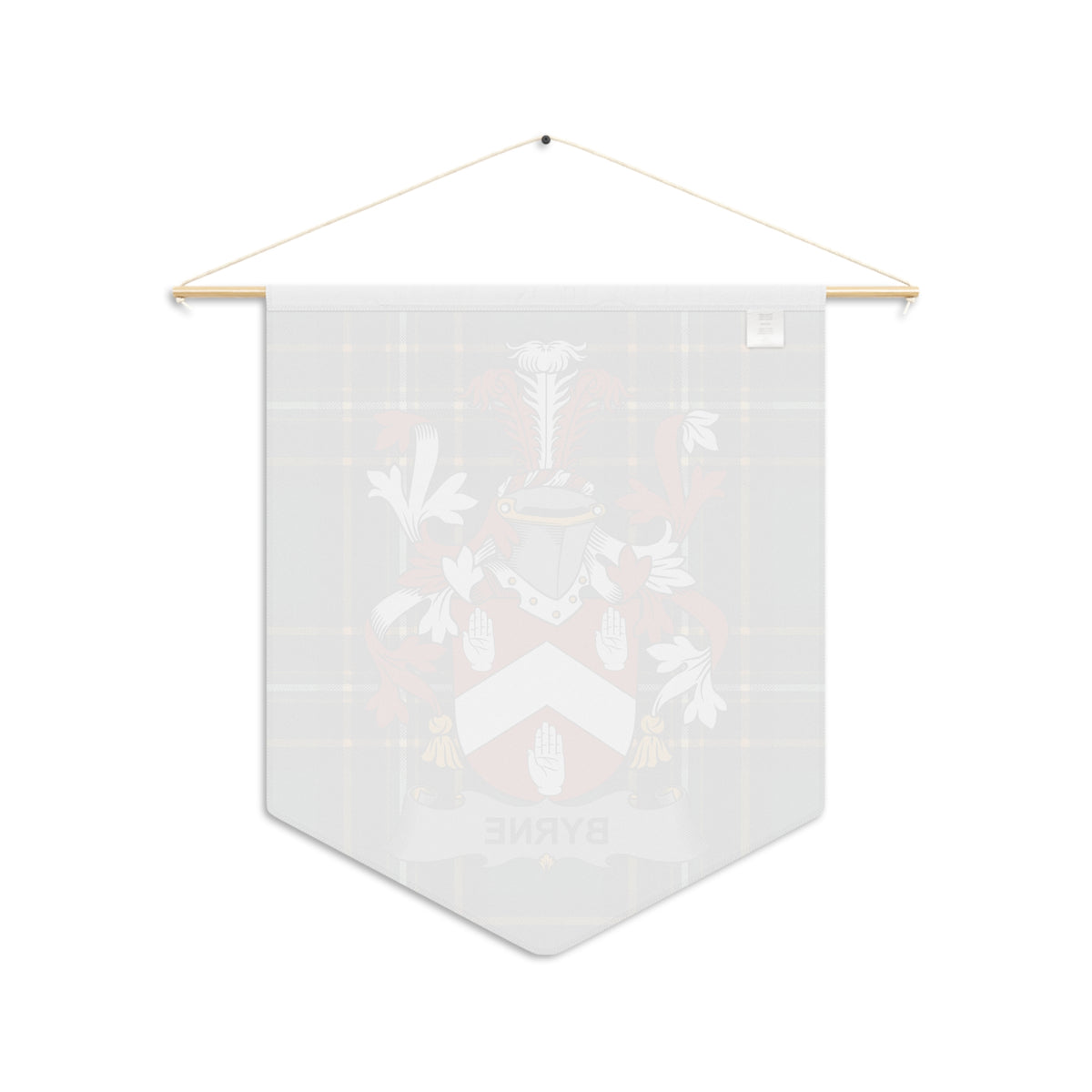 Pennant with Byrne family crest and plaid pattern, hanging by string.