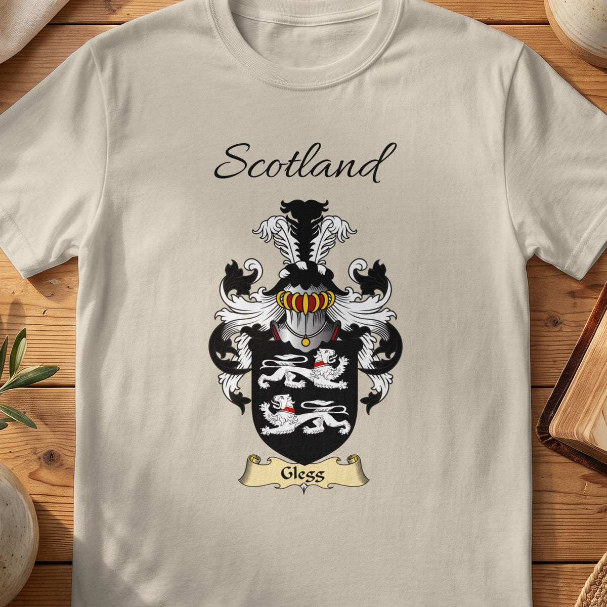 Sand Glegg Scottish family shield T-shirt featuring two white lions on black