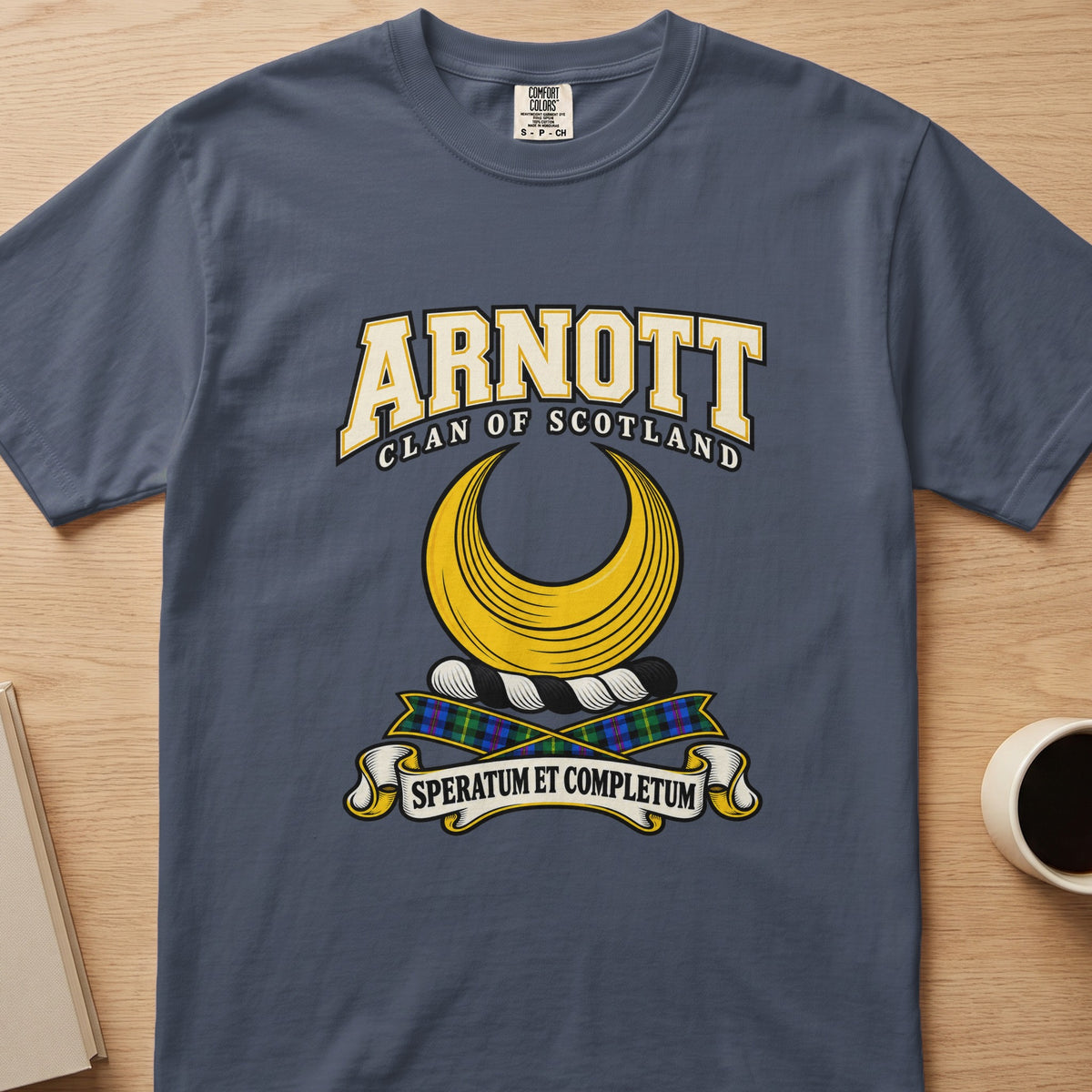 Arnott clan T-shirt in slate blue, front view with large gold crescent