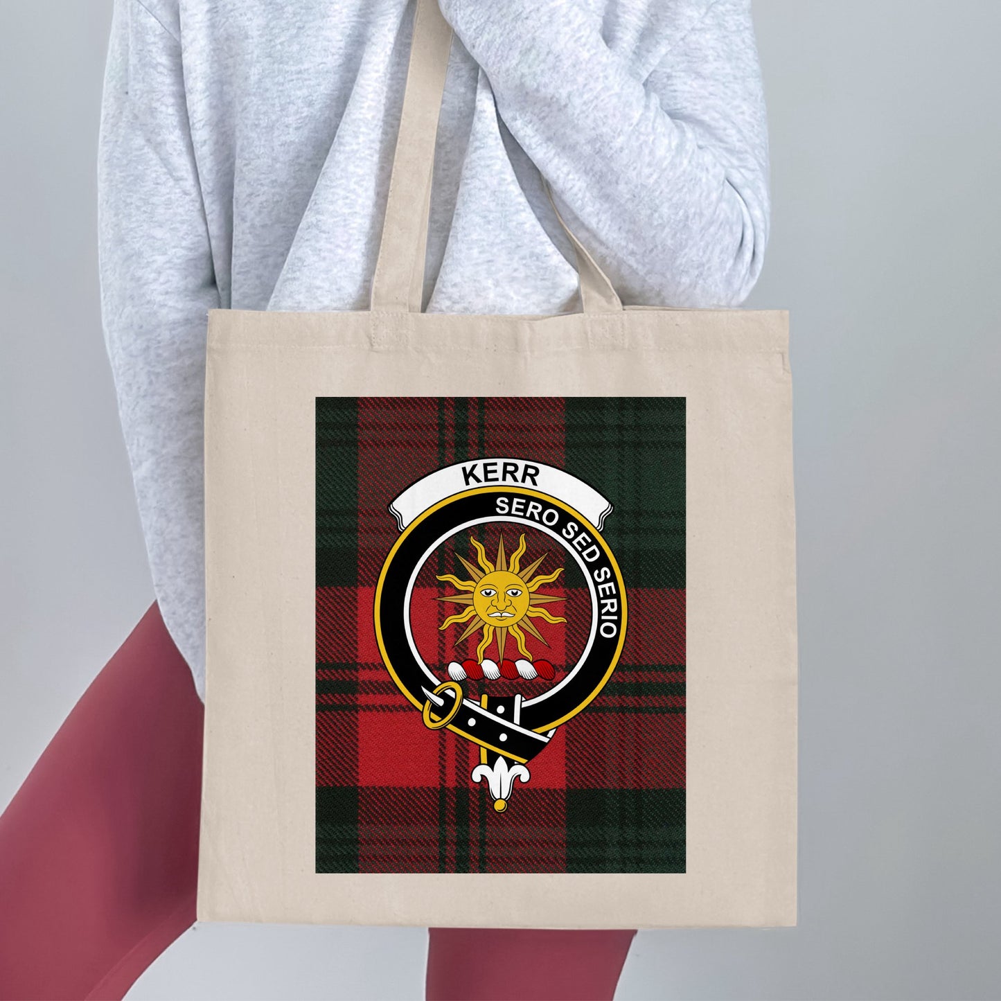 Kerr Scottish Clan Crest on Tartan Background Tote Bag - Living Stone Gifts