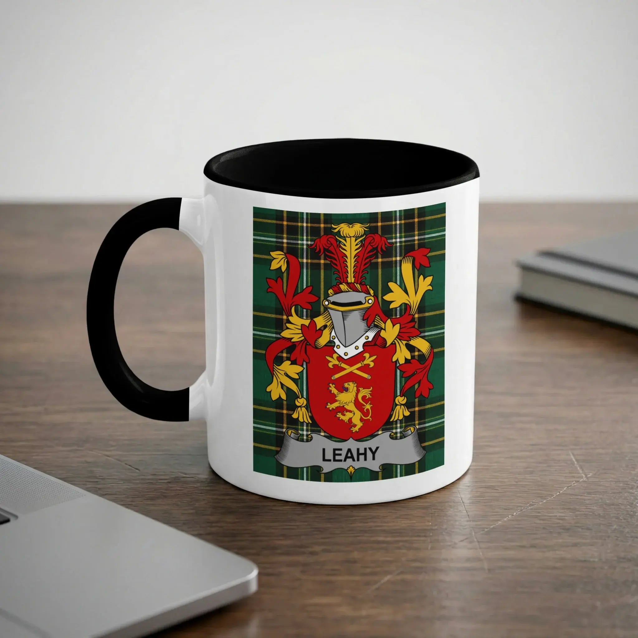 Leahy Irish heritage mug with black handle and family crest