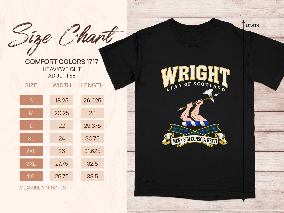 Comfort Colors 1717 size chart in inches with a black Wright clan crest T-shirt preview