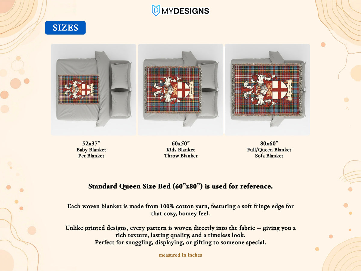 Size guide for Lawrence Scottish family shield woven blanket on a Caledonia tartan background
