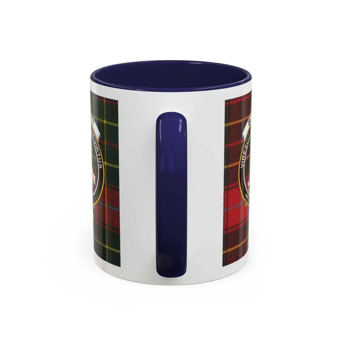 Clan Burnett tartan ceramic accent mug — blue handle, crest and interior detail