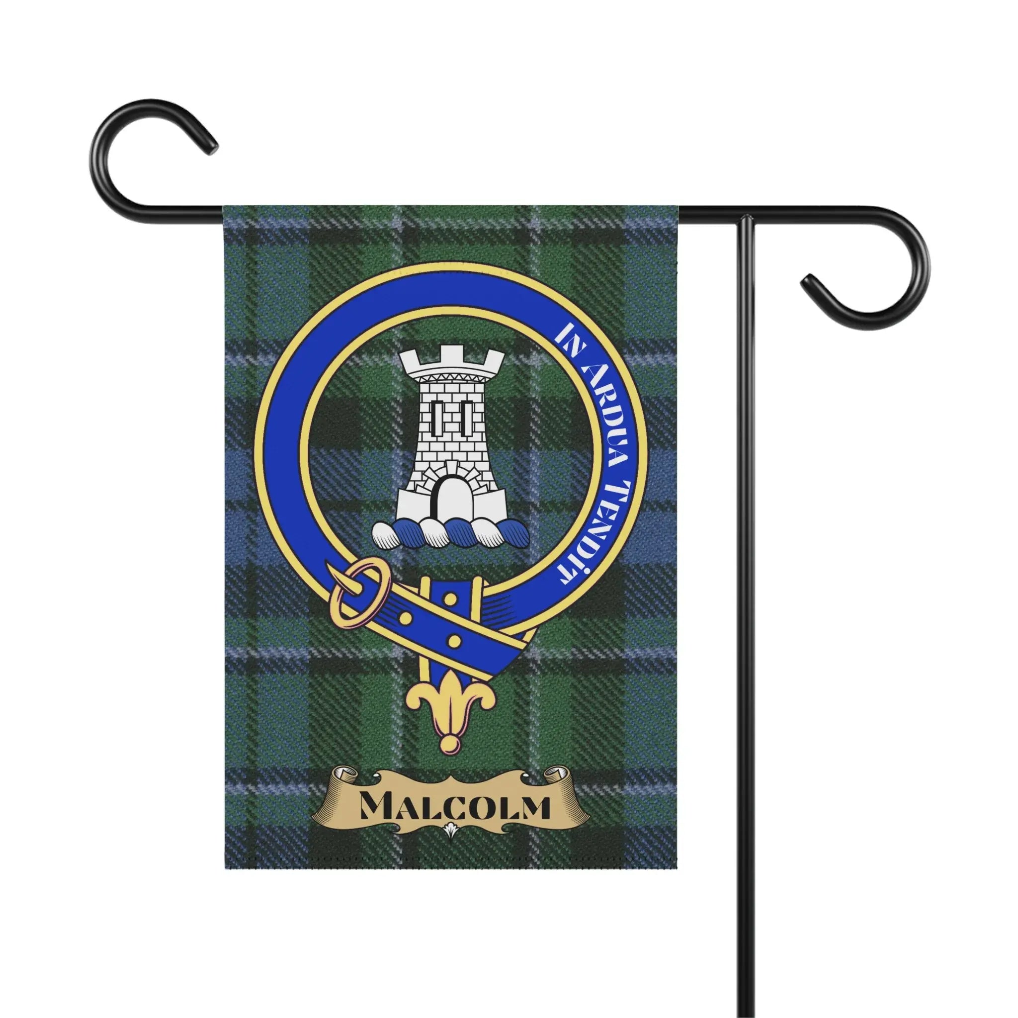 Malcolm tartan garden flag showing clan crest and In Ardua Tendit motto — 24.5x32 inch outdoor display