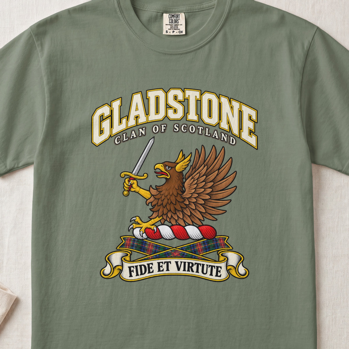 Gladstone Scottish clan T-shirt in Moss, front view with a brown eagle holding a sword and motto design.
