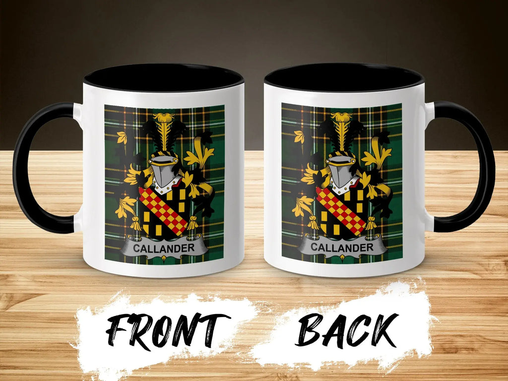 Callander family crest on a white mug with black interior and handle.