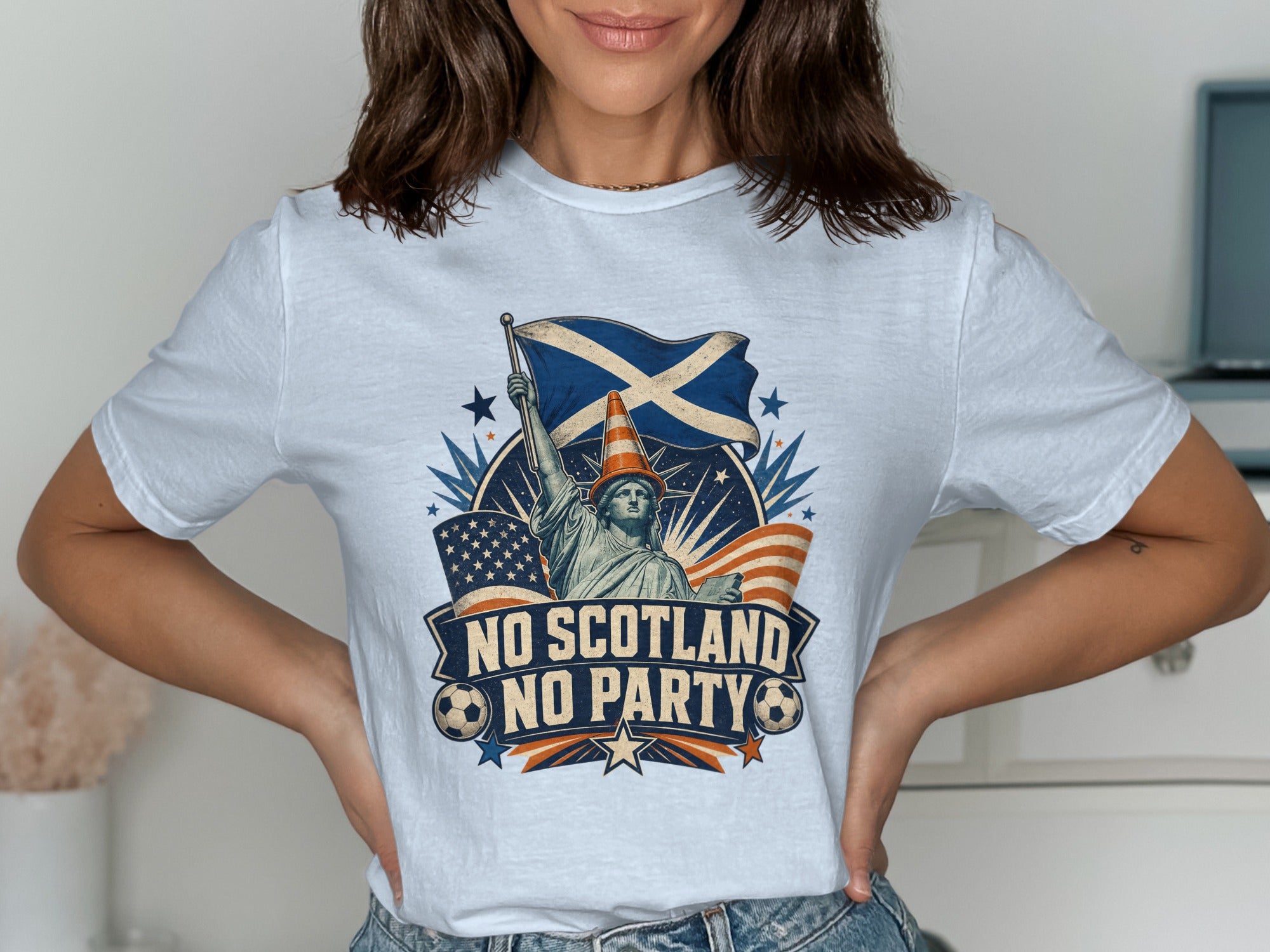 Statue of Liberty holding Scottish flag; text "No Scotland No Party".