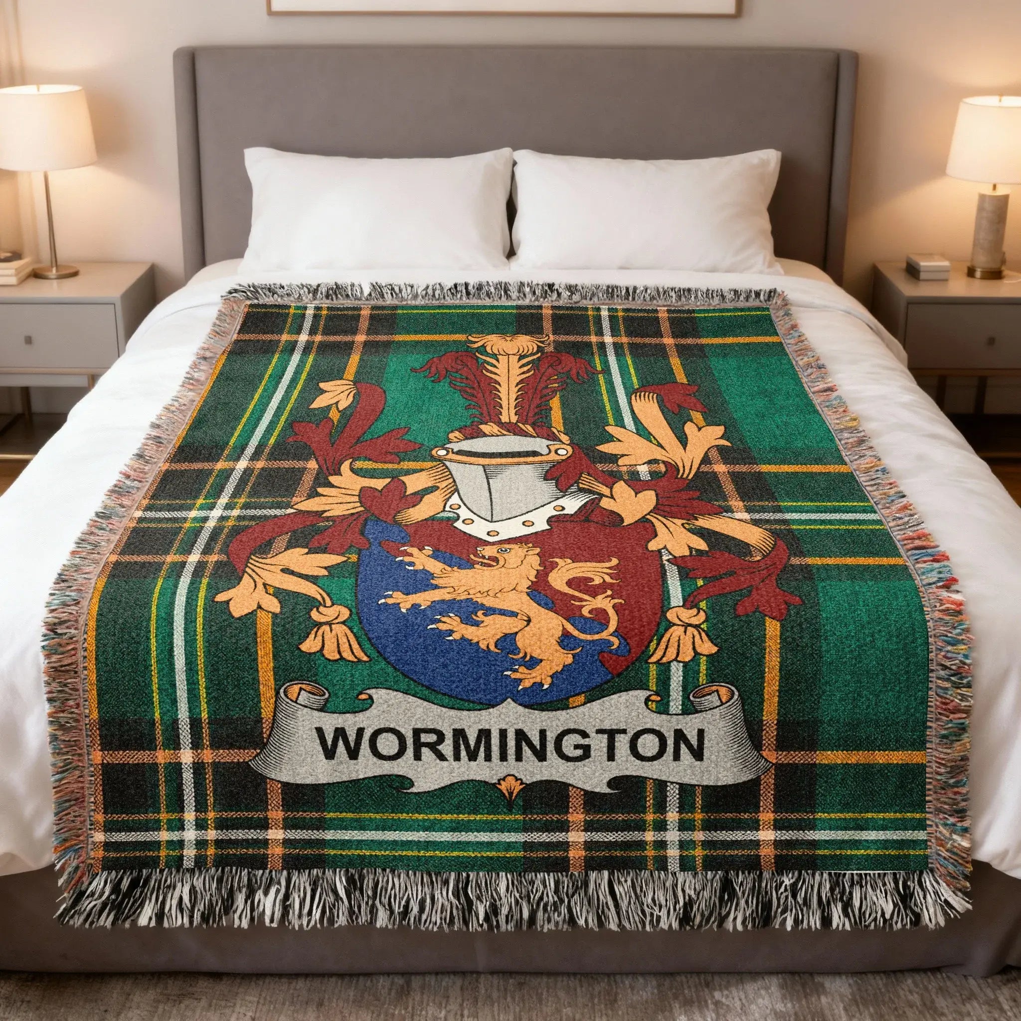 Tartan blanket with the Wormington coat of arms displayed prominently.