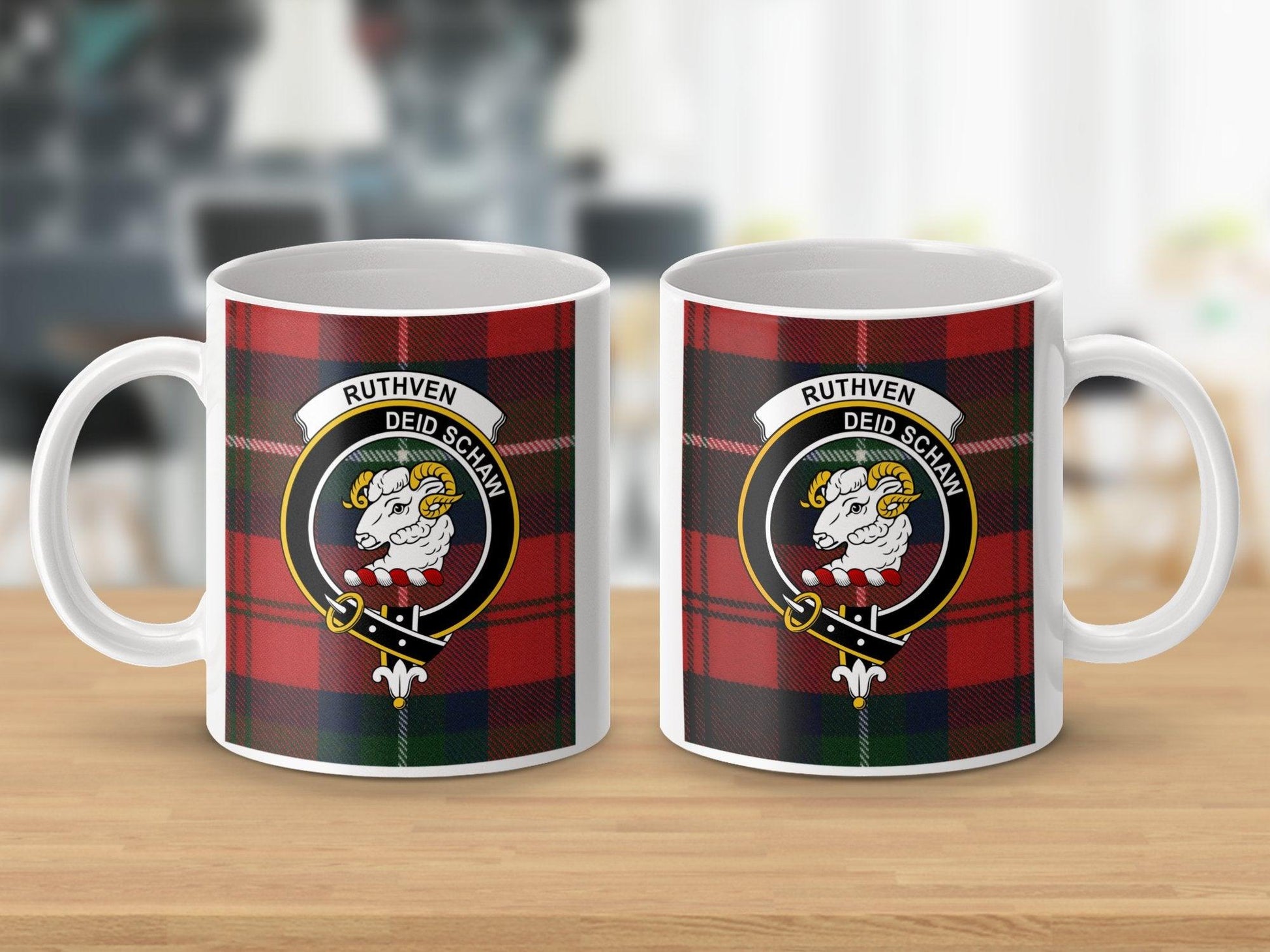 Ruthven Clan Crest Scottish Tartan Pattern Coffee Mug - Living Stone Gifts