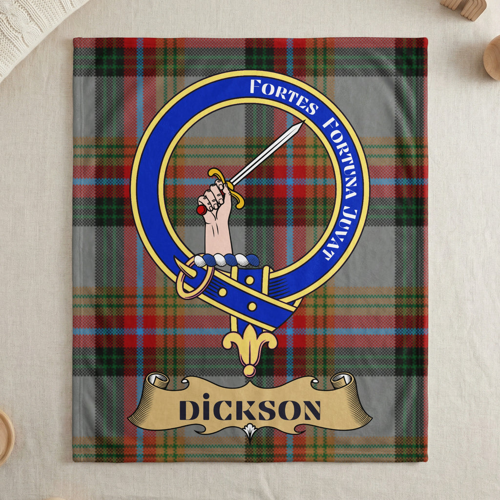 Dickson clan tartan throw blanket with crest — draped display