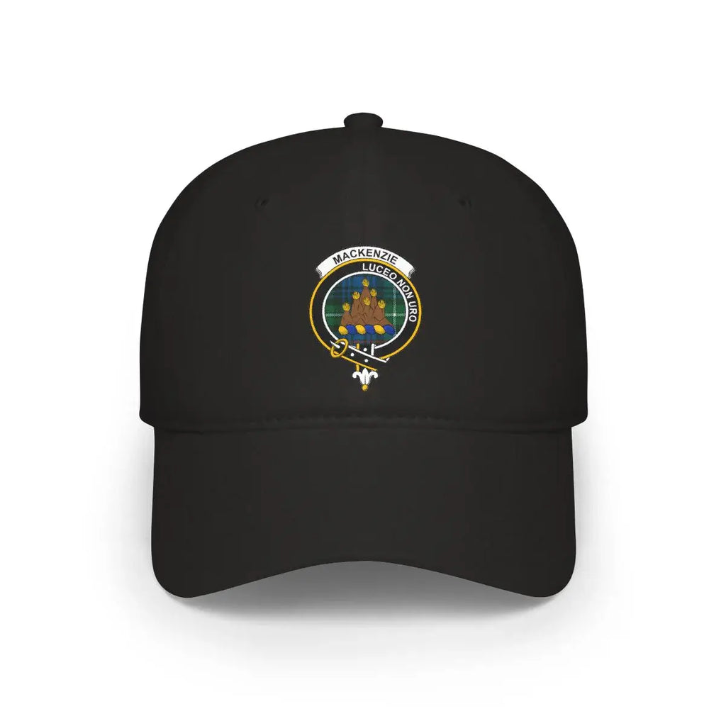 MacKenzie Luceo Non Uro clan crest embroidered hat — 100% cotton with heraldic design, black