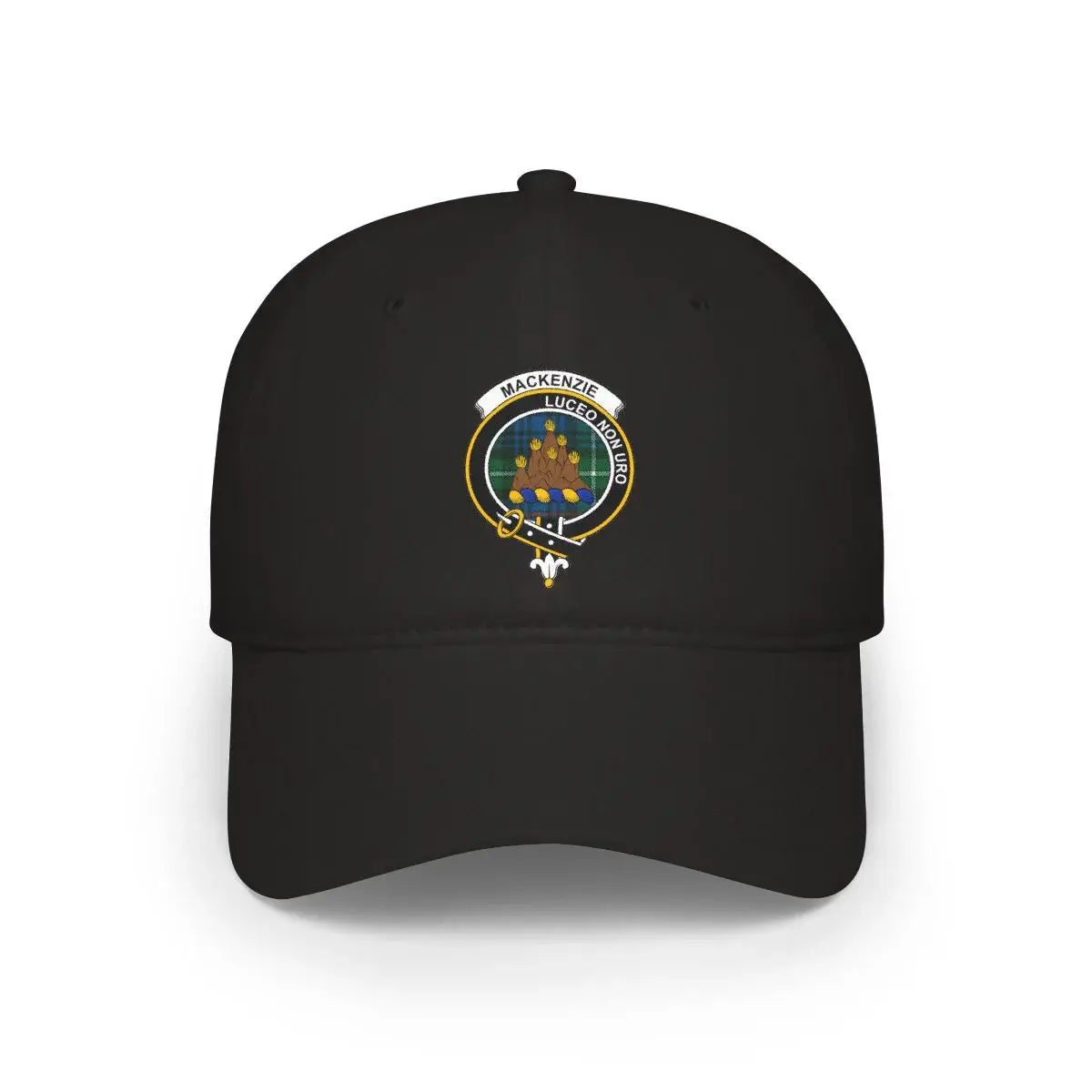 MacKenzie Luceo Non Uro clan crest embroidered hat — 100% cotton with heraldic design, black