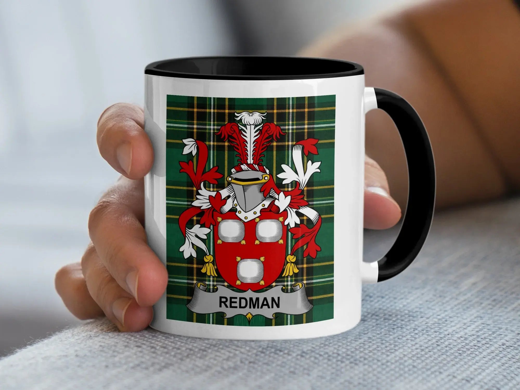 Redman Irish family crest black accent mug on Irish National Tartan