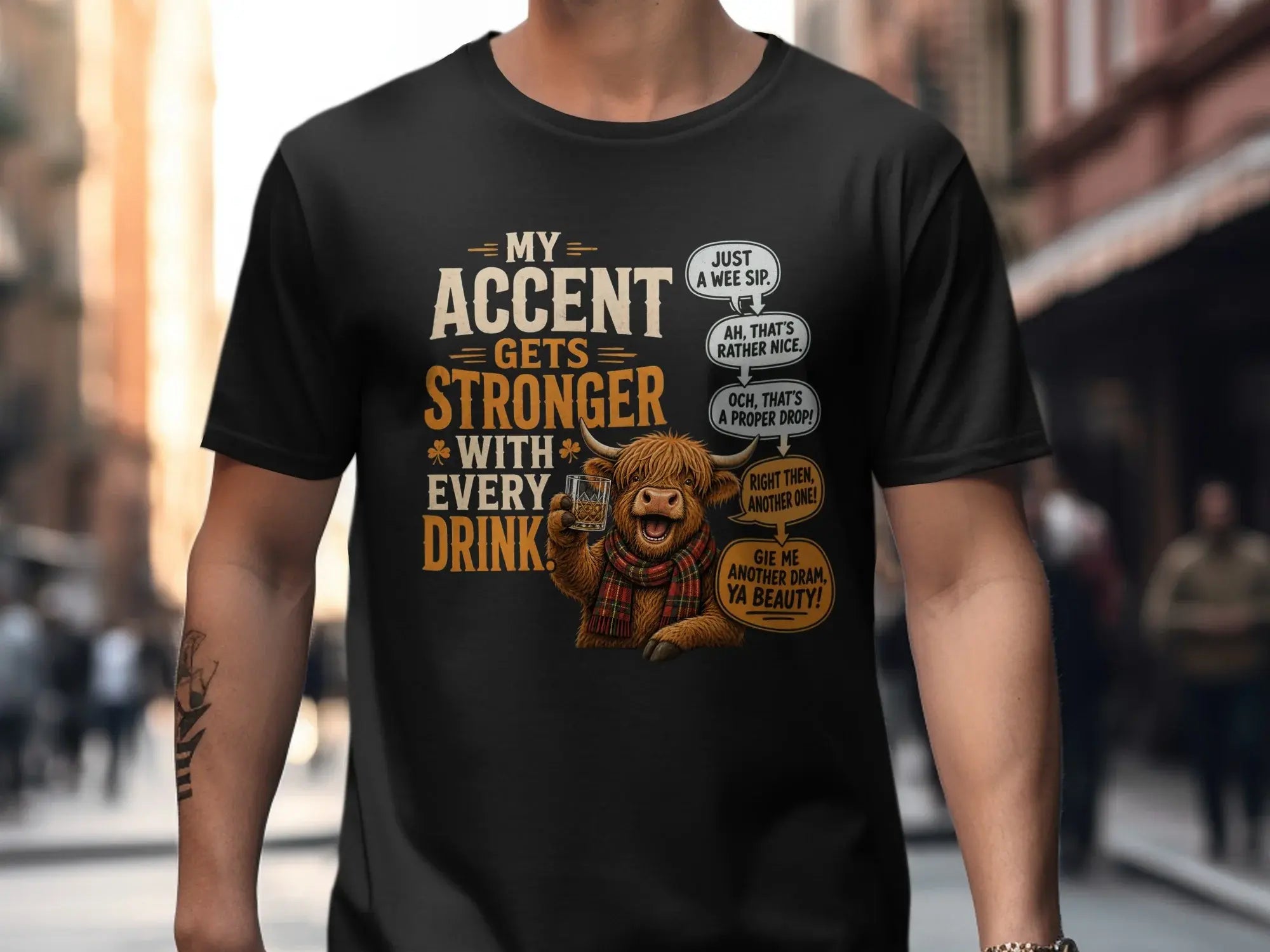 Black t-shirt with Scottish-themed text and illustrations about drinking.