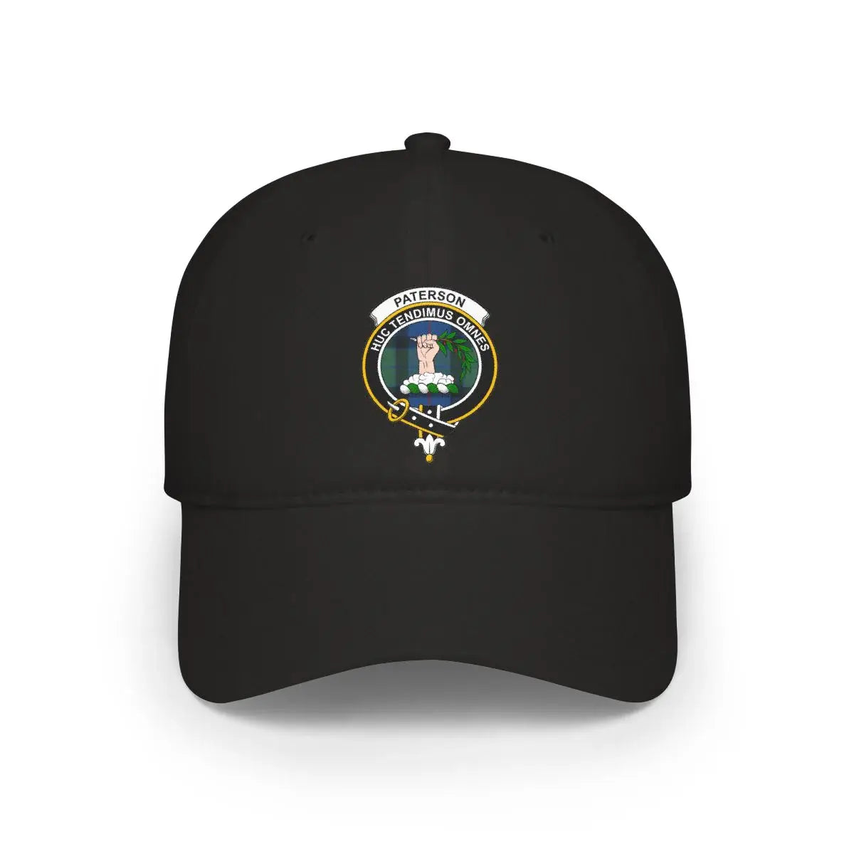 Clan Paterson crest tartan cap in black — printed Huc Tendimus Omnes design, low-profile cotton hat