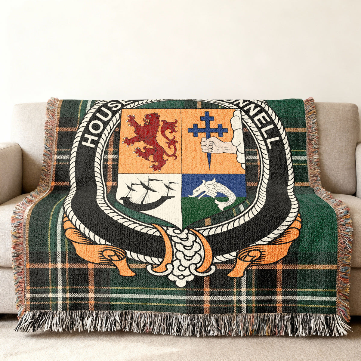 MacDonnell Irish National Tartan woven blanket displayed on a sofa