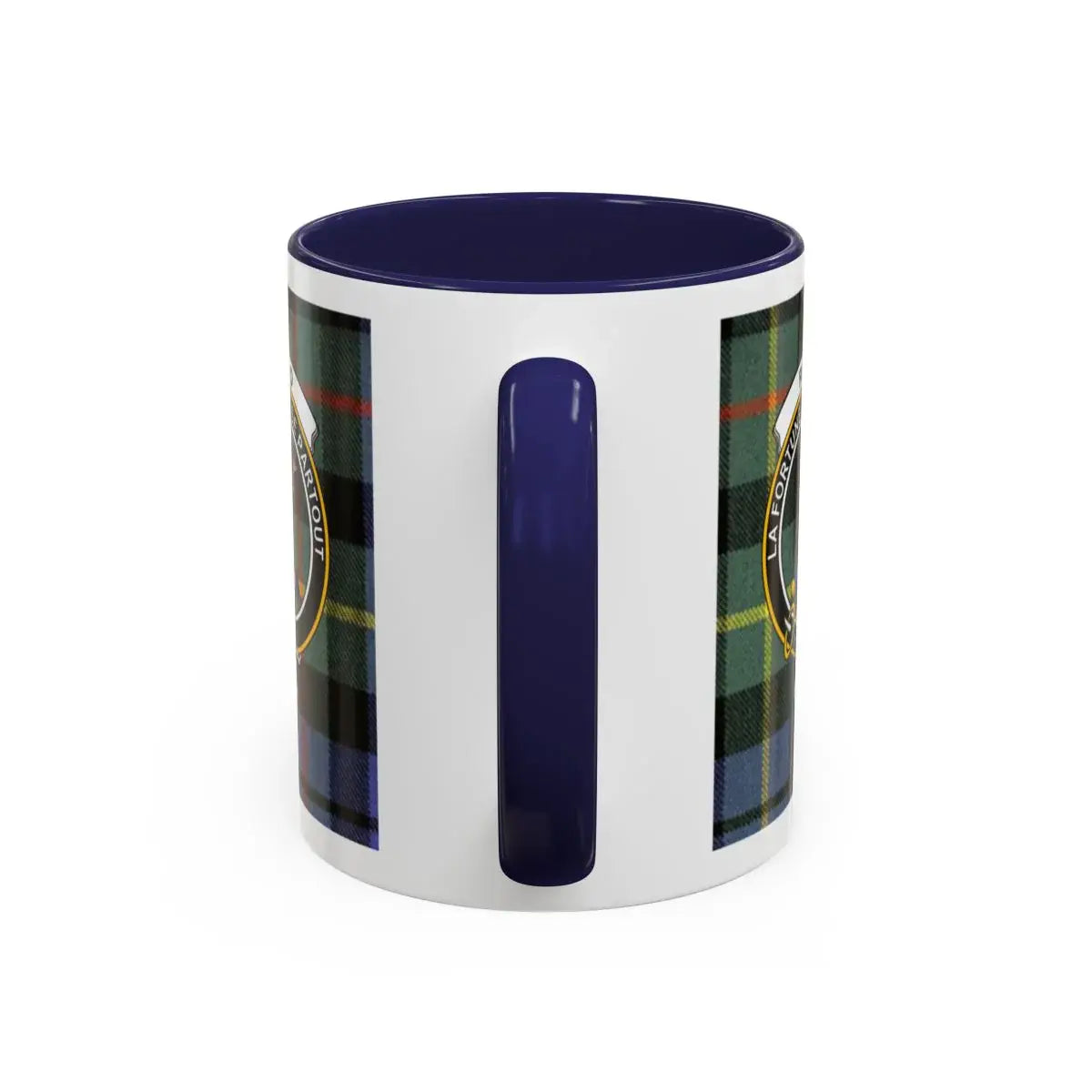 Rollo clan crest tartan badge mug with navy handle — 15 oz ceramic Scottish heritage drinkware