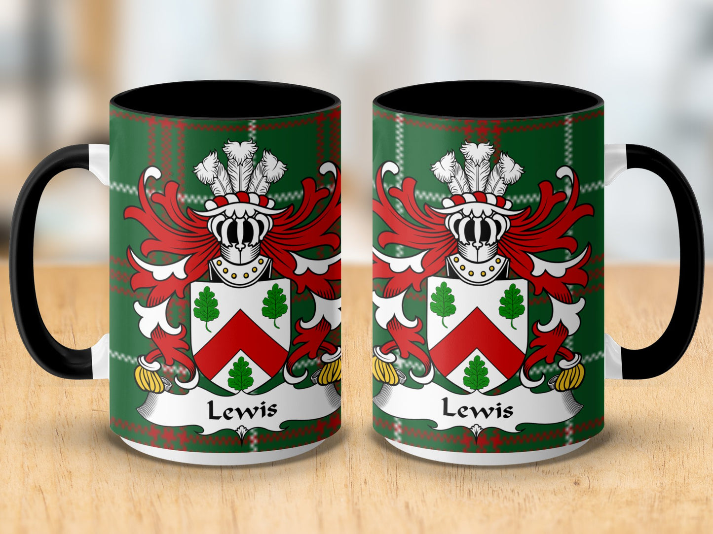 Lewis Welsh Surname Coat of Arms on Tartan Background Mug - Living Stone Gifts