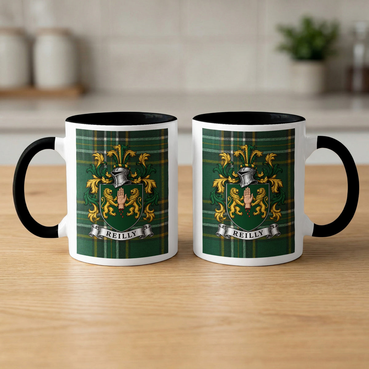 Pair of Reilly Irish National Tartan family crest mugs with black handles and rims