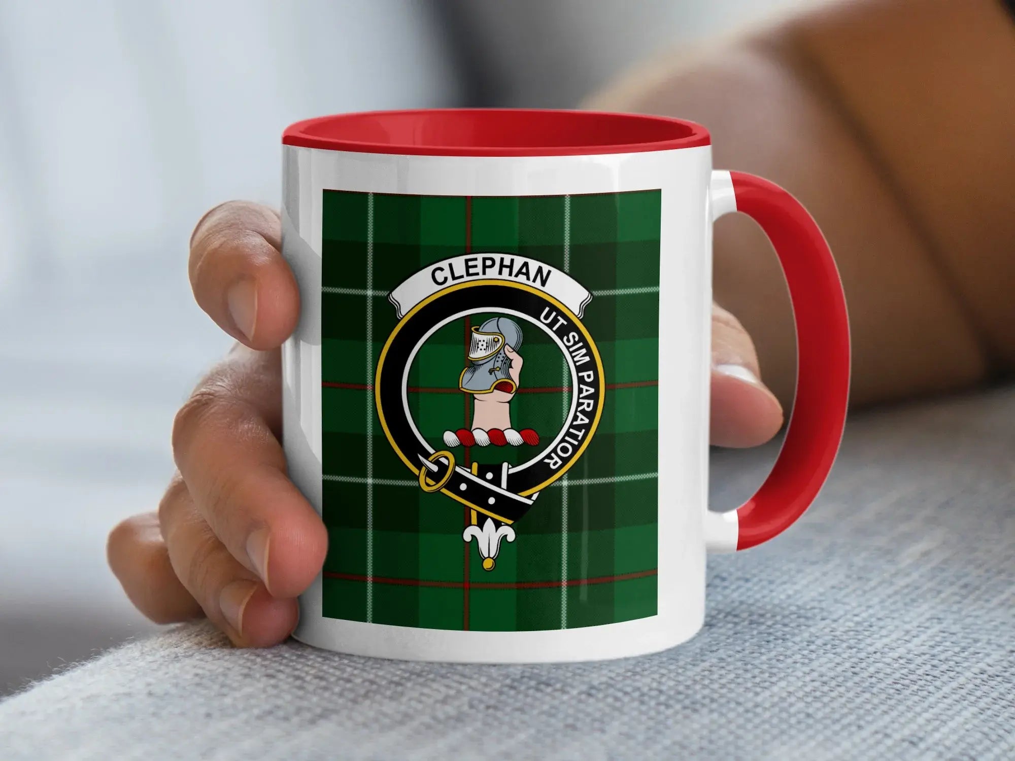 Clephan Clan Crest Ceramic Mug with Green Plaid Pattern