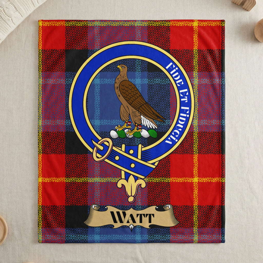 Watt clan red tartan throw blanket with crest — draped display