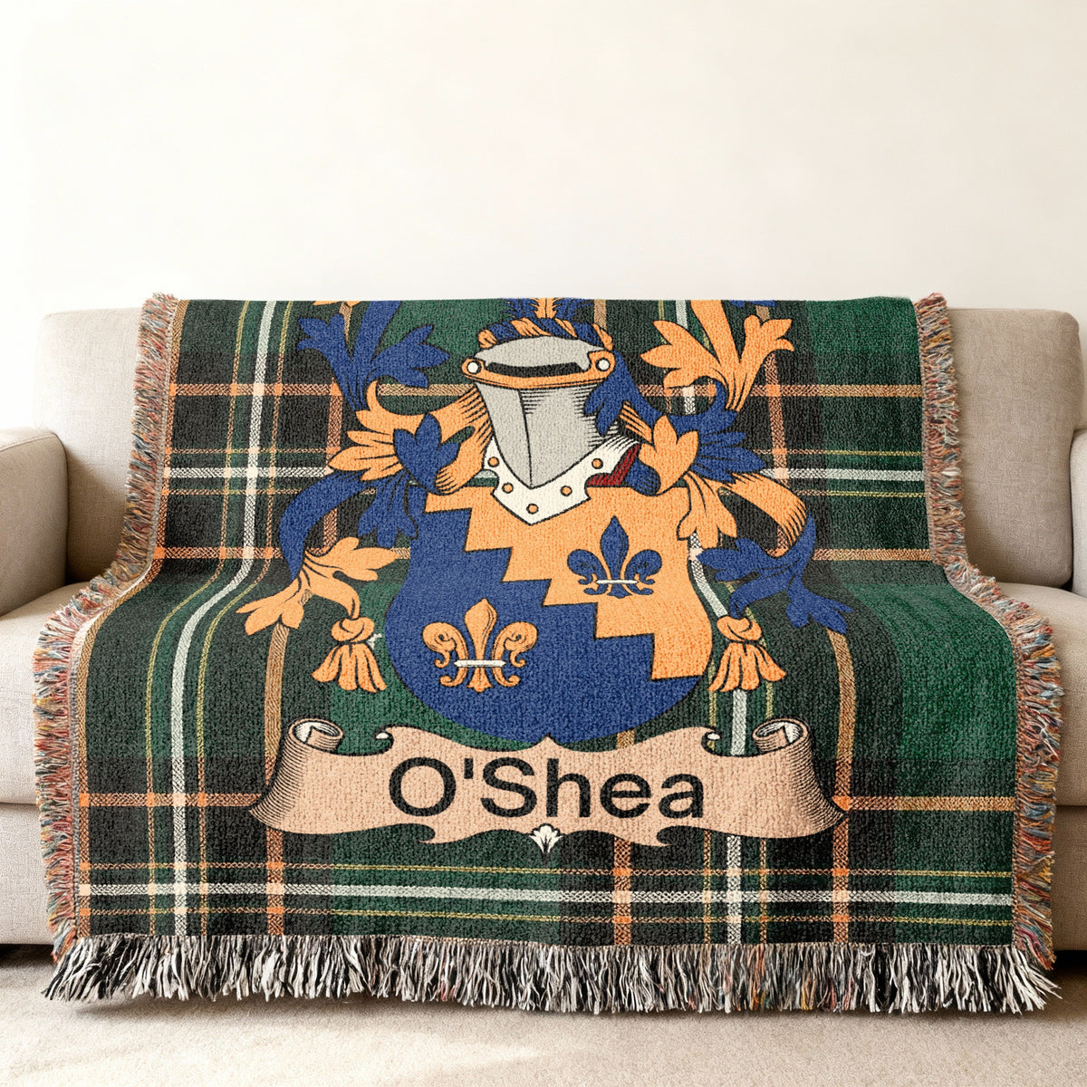 O'Shea Irish woven blanket displayed on a sofa