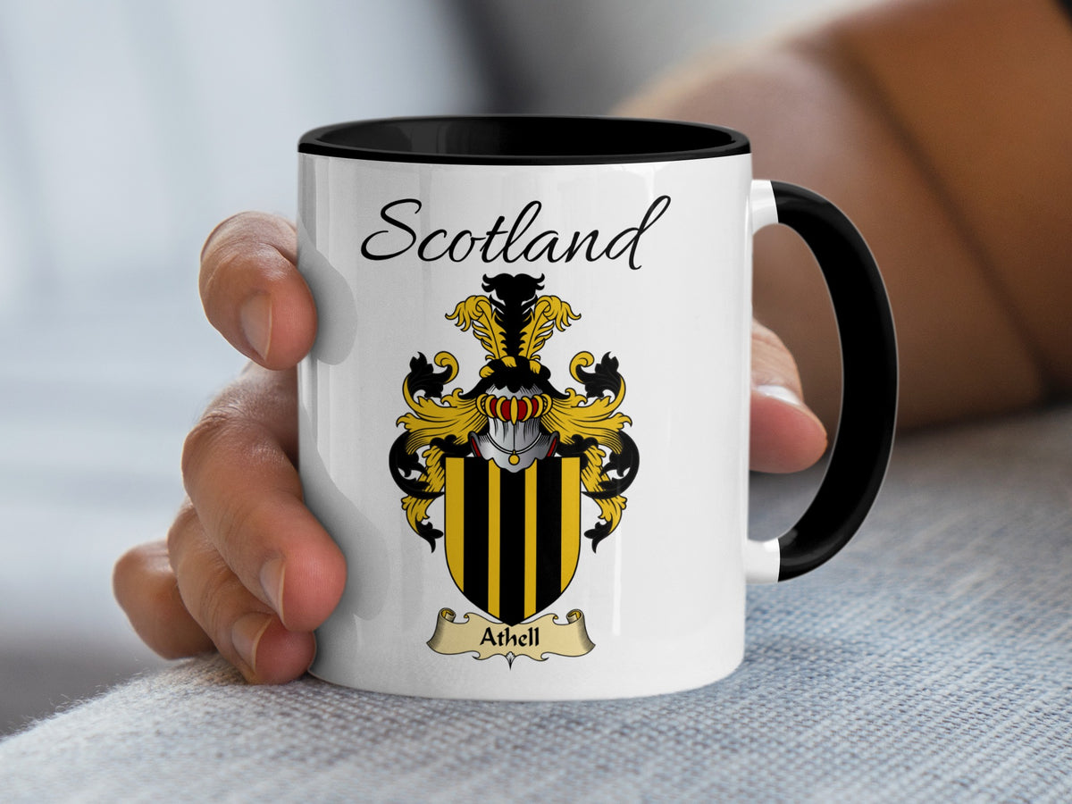 Athell Scottish family crest accent mug with Scotland above the coat of arms design