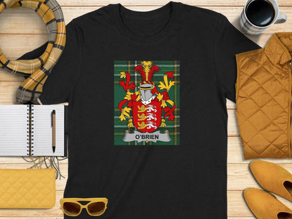 O'Brien Family Crest on Irish Tartan T-Shirt - Celtic Ancestry Gifts