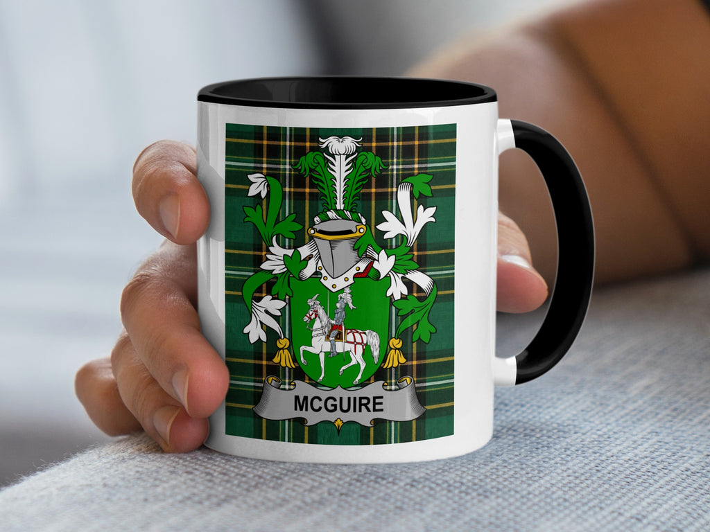 McGuire family crest Irish heritage mug — white ceramic with black handle on tartan