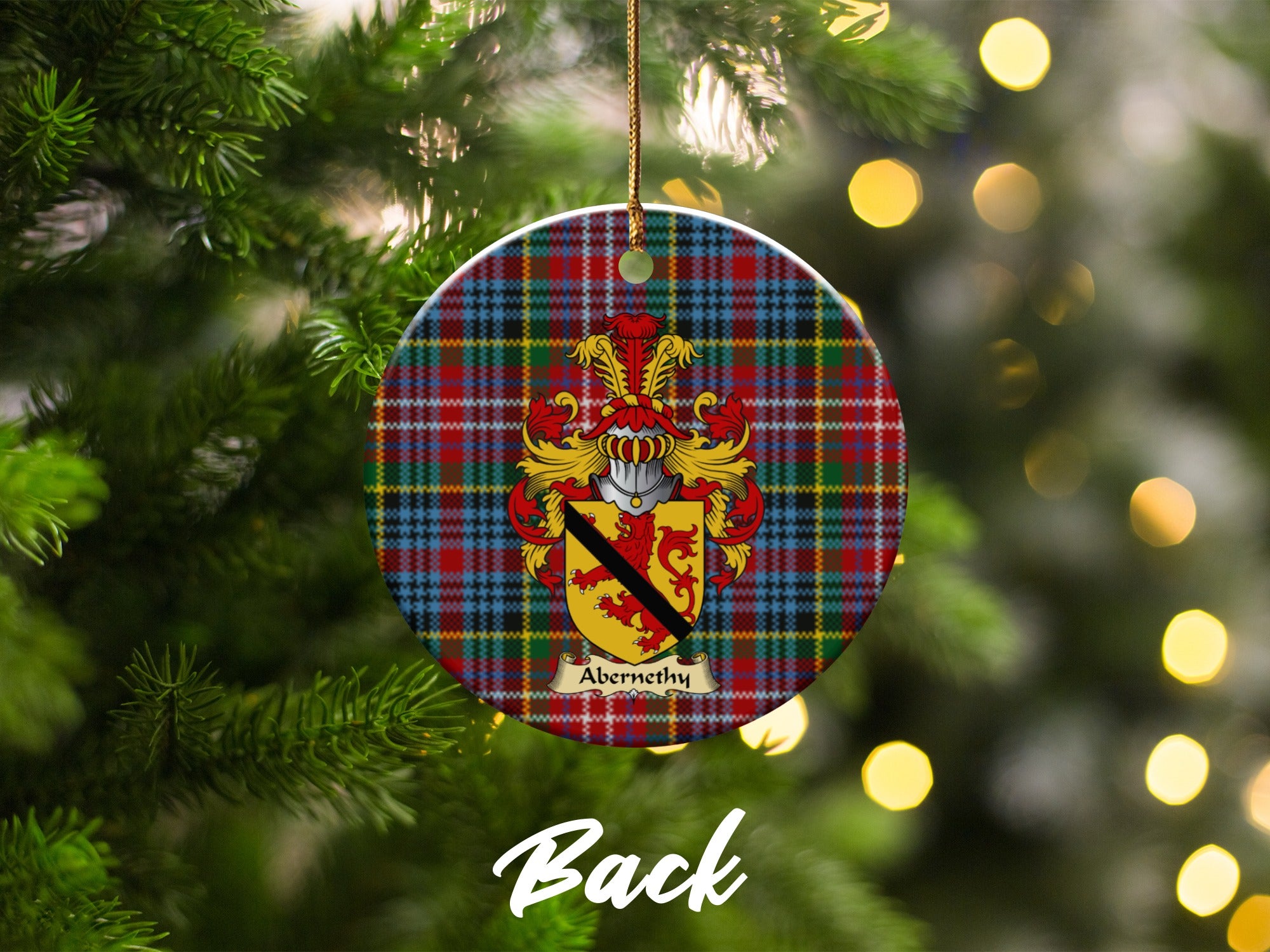 Double-sided Abernethy ceramic ornament with family shield and Caledonia tartan background