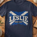 Leslie Scottish Saltire T-shirt in Navy, with distressed blue and cream flag and “Grip Fast” lettering.