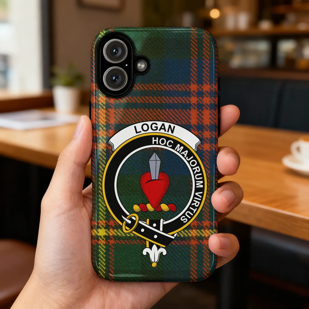 Logan clan crest tartan phone case — edge-to-edge plaid design with Hoc Majorum Virtus motto
