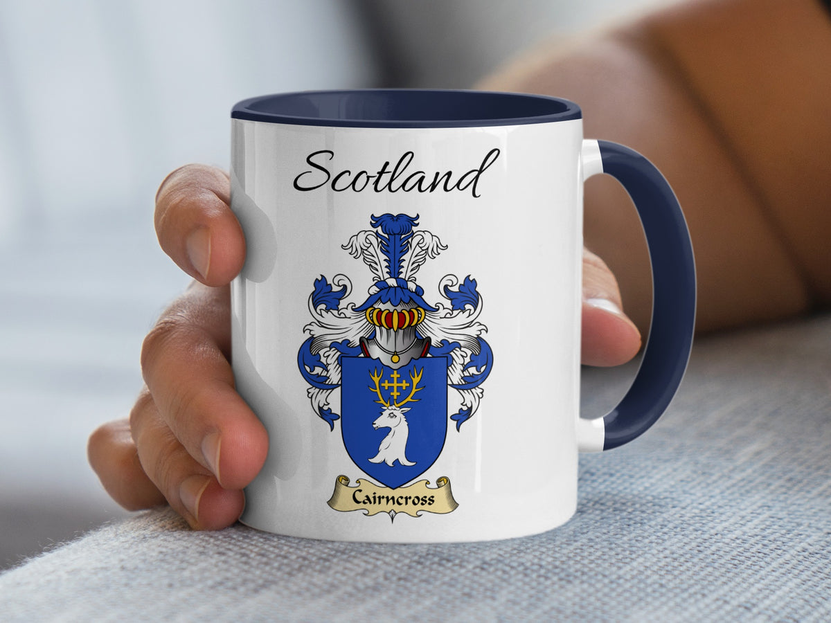 White Cairncross heritage mug with navy handle and interior, displaying “Scotland” and the colourful family emblem.