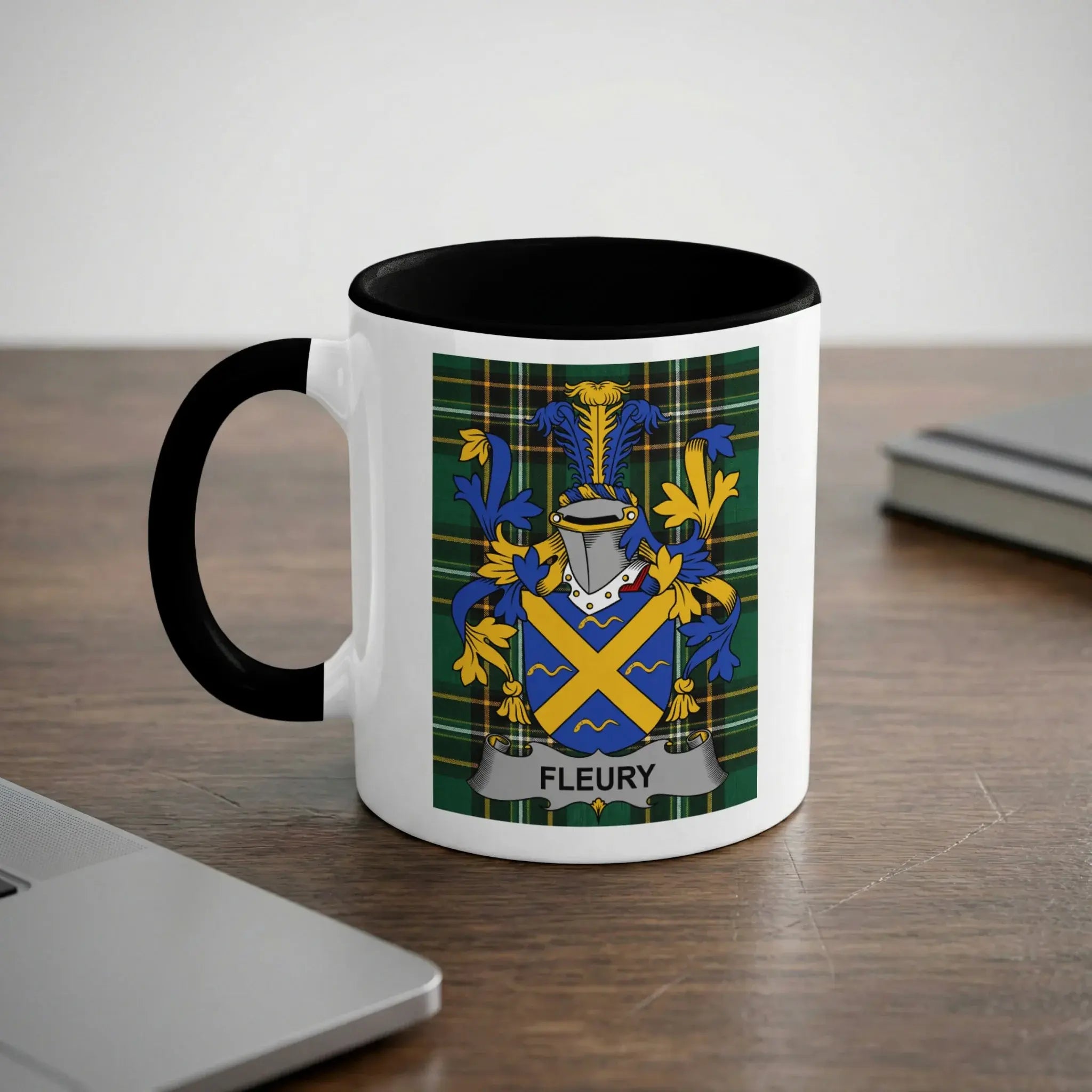 White mug with black rim featuring a Fleury family crest on a tartan background.