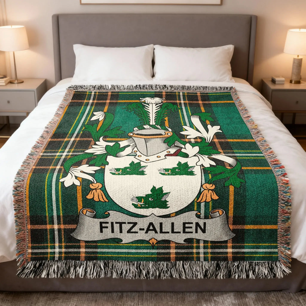 Fitz-Allen family crest on a green and black plaid throw blanket.