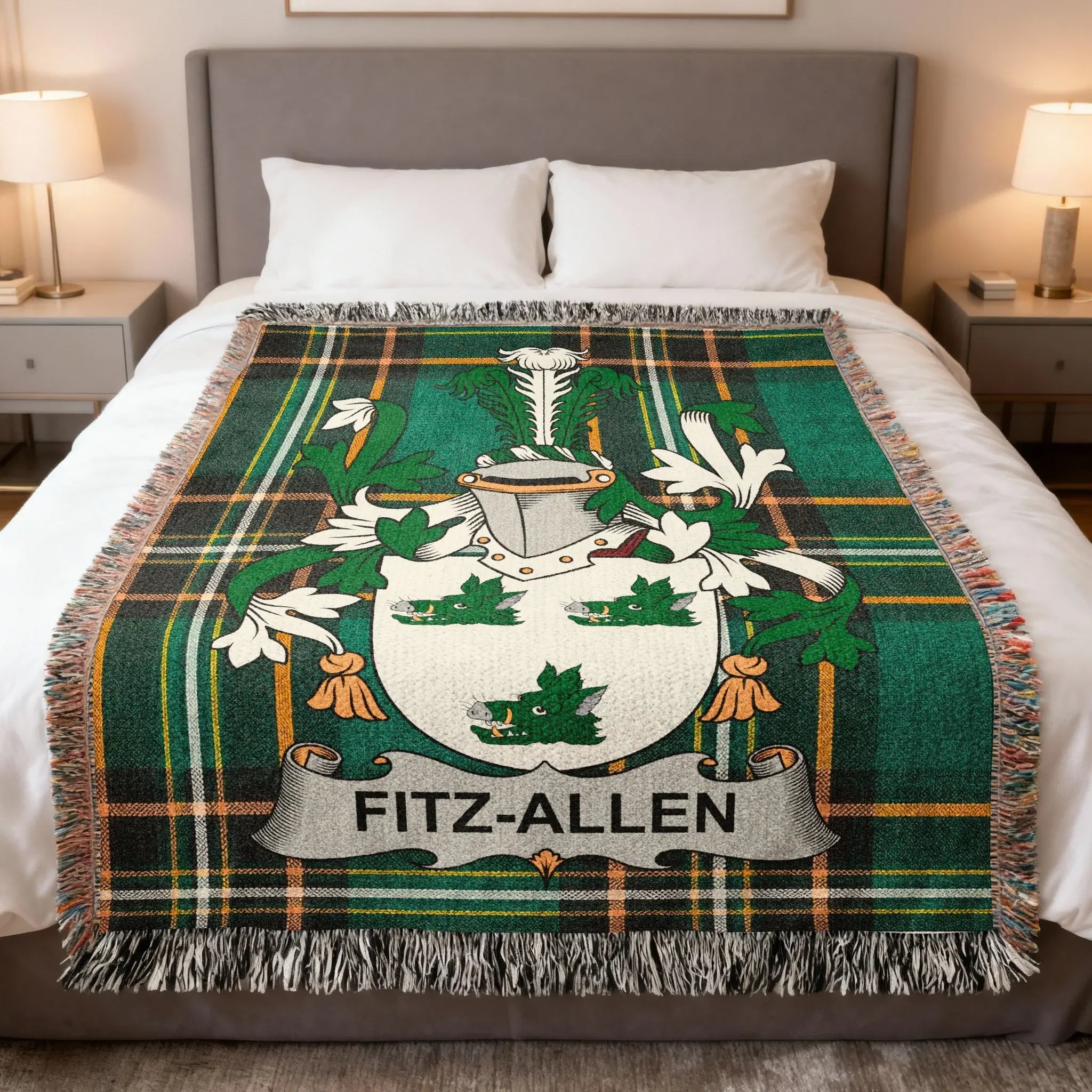 Fitz-Allen family crest on a green and black plaid throw blanket.