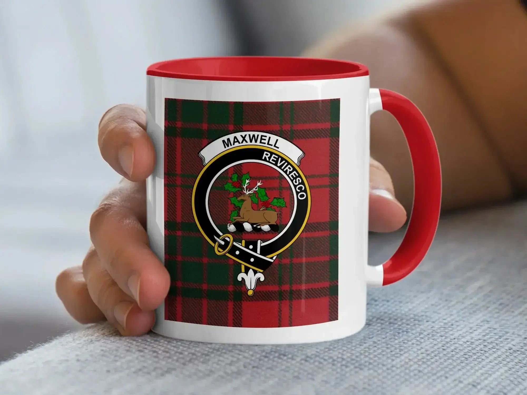 Maxwell Reviresco crest mug in red colourway — 11oz ceramic with stag and tartan print